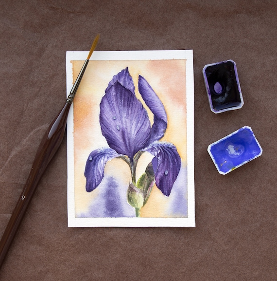 ACEO original art, aceo original painting, ACEO card, aceo flower painting, Watercolor iris painting, original miniature flower painting.