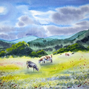 Original watercolor landscape with cows 13x11". Watercolor field and mountains landscape. Watercolor meadow with cows. Wall painting.