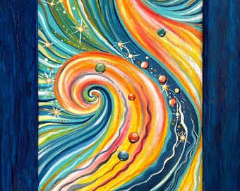 Original framed oil painting 7.8x19.6". Oil abstract ready to hang painting. Original cosmic oil painting. Ready to hang abstract art.