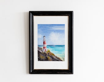 Original Aquarell Leuchtturm. Miniatur Leuchtturm Gemälde. Originalmalerei. Aquarell Miniatur. Wandbild, Wanddekor.