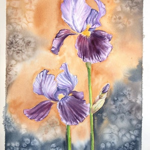 Original watercolor painting. Watercolor iris painting. Original flower painting. Botanical painting. Wall painting, wall decor, gift.