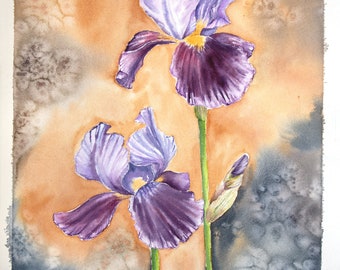 Original watercolor painting. Watercolor iris painting. Original flower painting. Botanical painting. Wall painting, wall decor, gift.