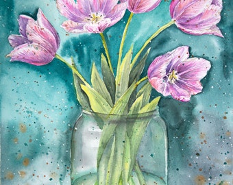 Original tulip painting, watercolor tulips painting, original painting, flower still life, watercolor flowers, flower painting, wall decor.