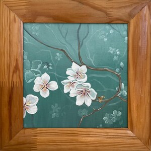 Original framed oil blossom painting 7.8x7.8". Oil almond blossom painting with a frame. Ready to hang wall art. Original oil wall art.