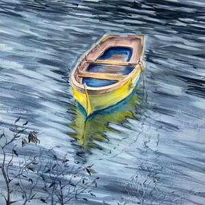 Original watercolor boat painting. 11x11" watercolor boat painting. Boat on the lake original art. Boat with reflection painting. Wall art.
