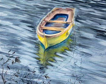 Original Aquarell Bootsmalerei. 11x11" Aquarell Boot. Boot auf dem See original Kunst. Boot mit Spiegelung. Wandkunst.