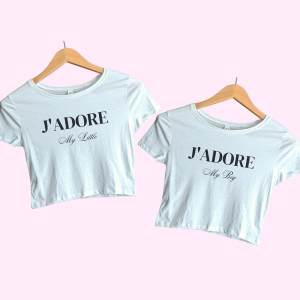 Big Little Reveal J'Adore Baby Tees, Big/Little Sorority Reveal Shirts, Matching Big Little Reveal Crop Tops, Big Little Theme