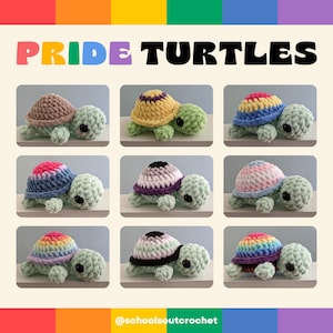 Op de afbeelding: Negen gehaakte schildpad speelgoedjes, elk met een ander pride-vlag ontwerp op hun schild. De schildpadden zijn allemaal groen en hebben zwarte ogen. De vlaggen omvatten de biseksuele, panseksuele, genderqueer, lesbische, transgender, aseksuele, non-binaire en regenboog pride-vlaggen.