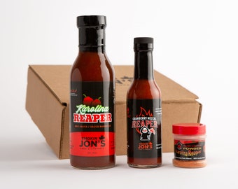 Extremely Hot Carolina Reaper Gift Set: BBQ Sauce, Hot Sauce, and 100% Carolina Reaper Powder, All Natural, No Preservatives, No MSG