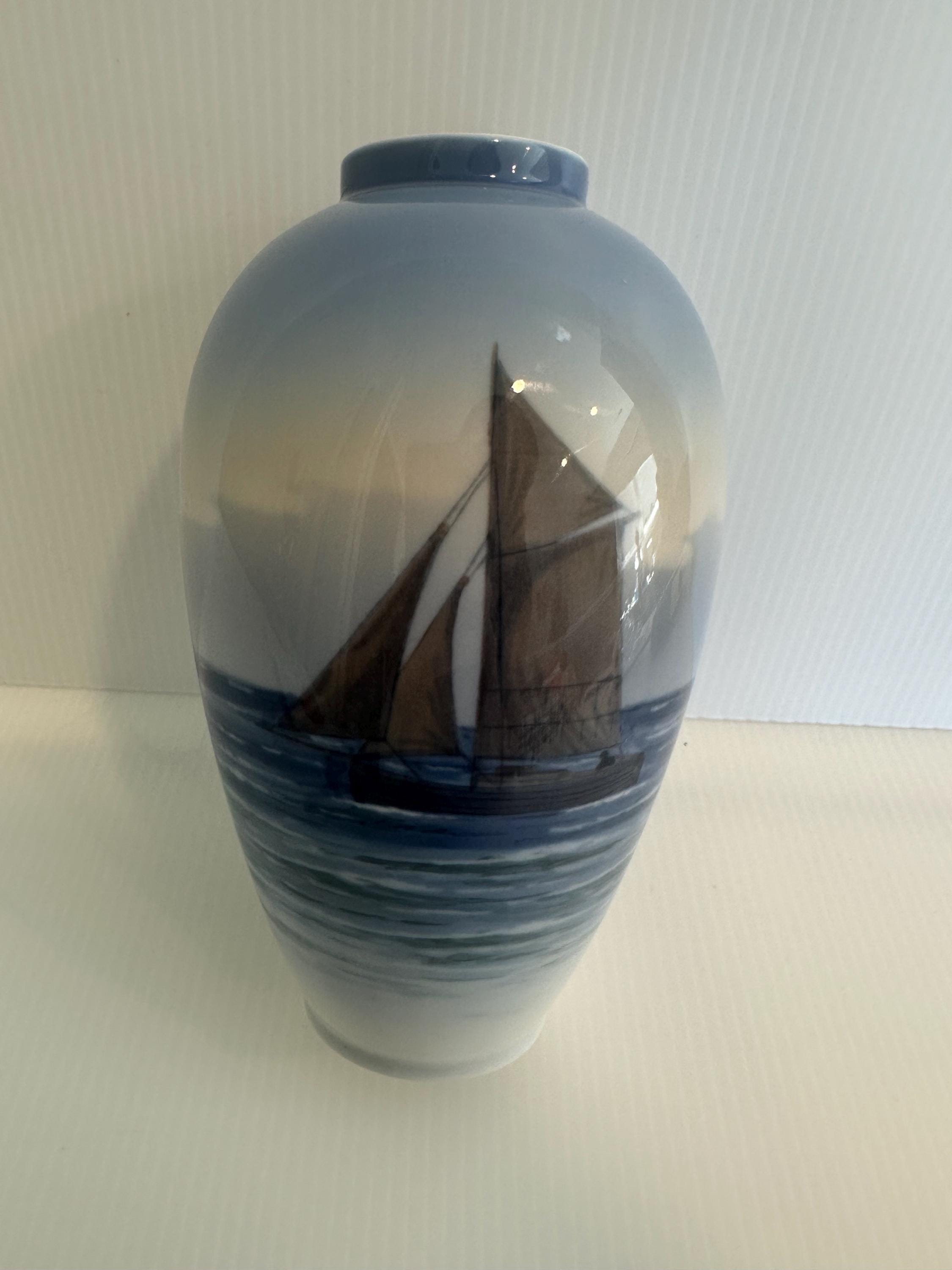 Royal Copenhagen Vase With Sea and Yacht, Ship, Sailboat Painting 