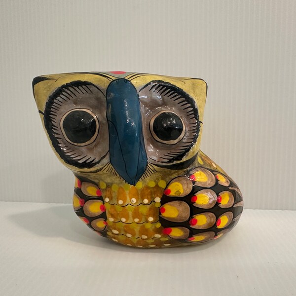 Mexican folk art paper mache owl, hand painted and signed by artist Tonala Jal Mexico