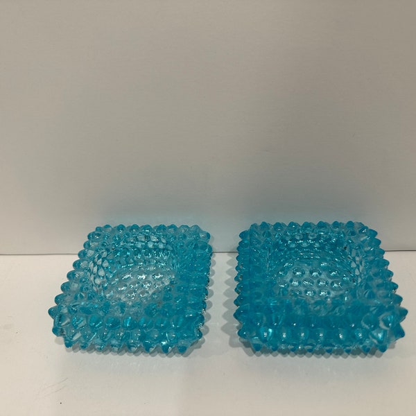 Vintage Fenton Glass Aqua Square Hobnail Salt Cellar or Tea Light Holders