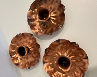 Vintage MCM Gregorian Ruffle Edged Flower Copper 414 Candle Stick Holders, Set of 3