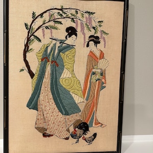 Vintage large crewel embroidery Japanese Geisha wall decor with frame