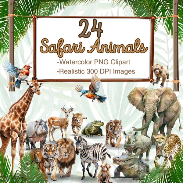 24 Safari Animals Watercolor PNG Clipart- Realistic Animals, Jungle Safari PNG, Decor, Commercial Use, Kids, Adult Animals, png, Lion,Zebra