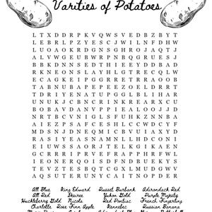 May include: Black and white illustration of potatoes and a word search puzzle. The text reads "Varieties of Potatoes" and lists various potato types like "All Blue" and "Yukon Gold".