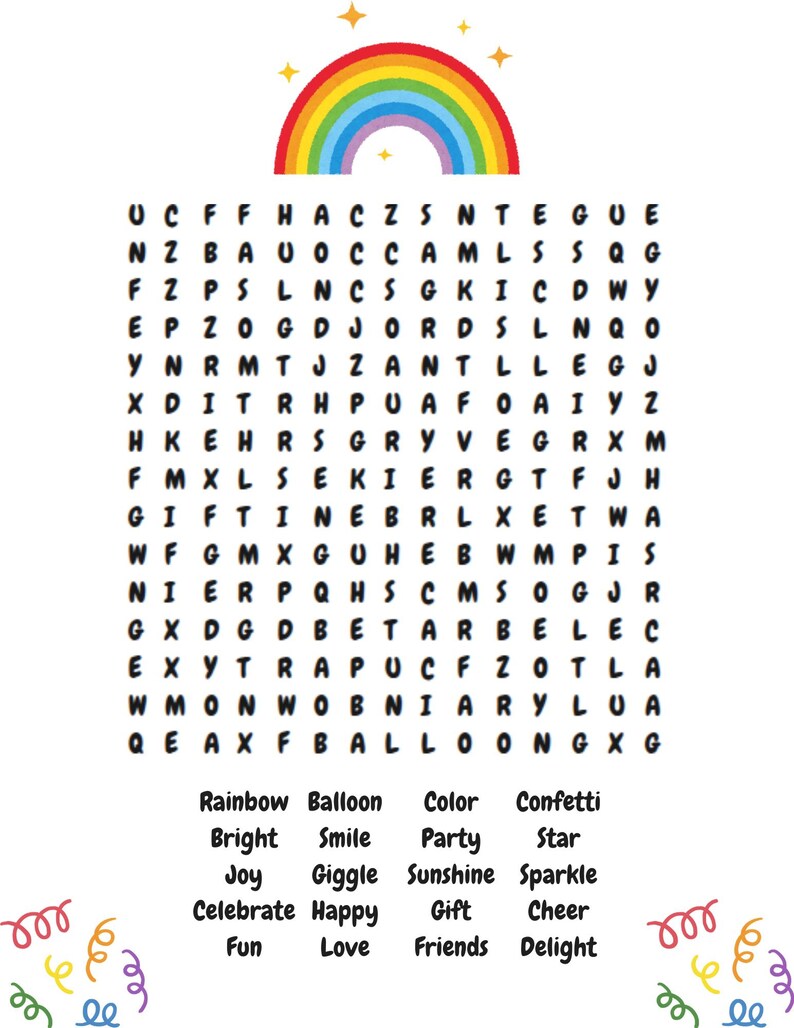 Rainbow Themed Word Search PDF - Instant Download - Etsy