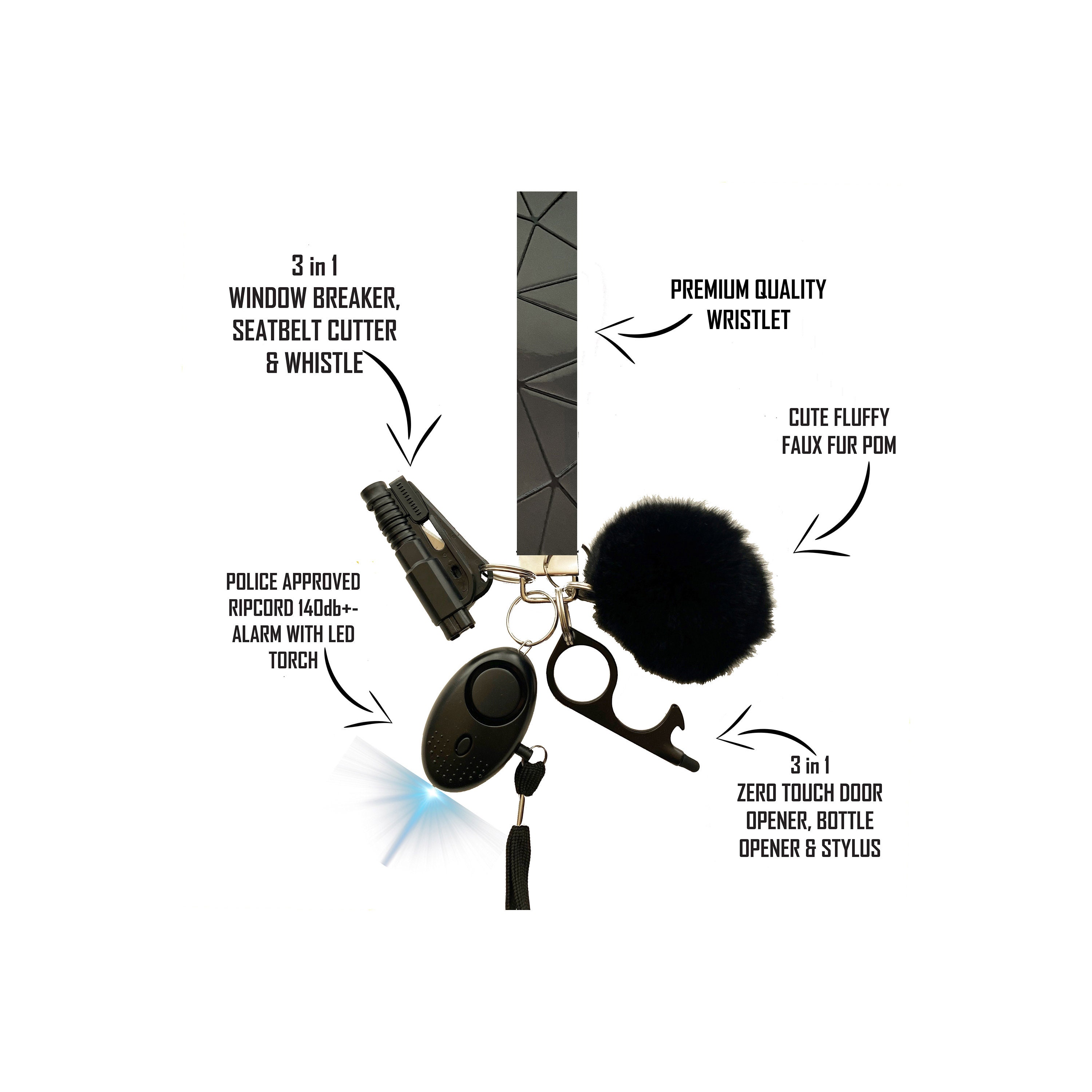 Black Self Defense Keychain Combo Set (Faux Leather Wristlet