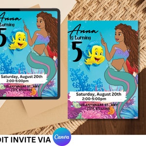 Invitación de cumpleaños de sirena editable Fiesta de cumpleaños de sirena bajo el mar Invitación de sirenita Fiesta de cumpleaños de sirena caprichosa