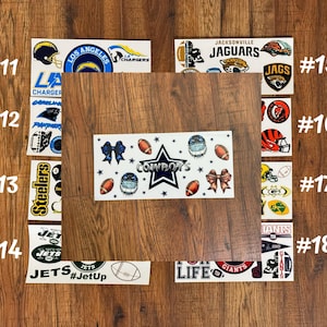May include: A set of 8 NFL team iron-on patches. The patches feature the logos of the Los Angeles Chargers, Jacksonville Jaguars, Dallas Cowboys, New York Jets, New York Giants, Pittsburgh Steelers, Cincinnati Bengals, and Baltimore Ravens.