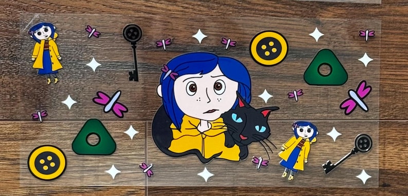 May include: A clear sticker sheet featuring a central illustration of a blue-haired character in a yellow raincoat holding a black cat, surrounded by smaller motifs including yellow buttons, green triangles, black skeleton keys, and pink dragonflies.