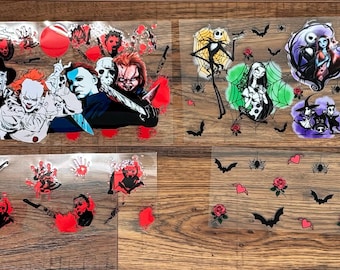 May include: Four sheets of Halloween-themed stickers. The top left sheet features horror movie characters. The top right sheet has characters from The Nightmare Before Christmas. The bottom sheets have bats, roses, and other spooky elements.