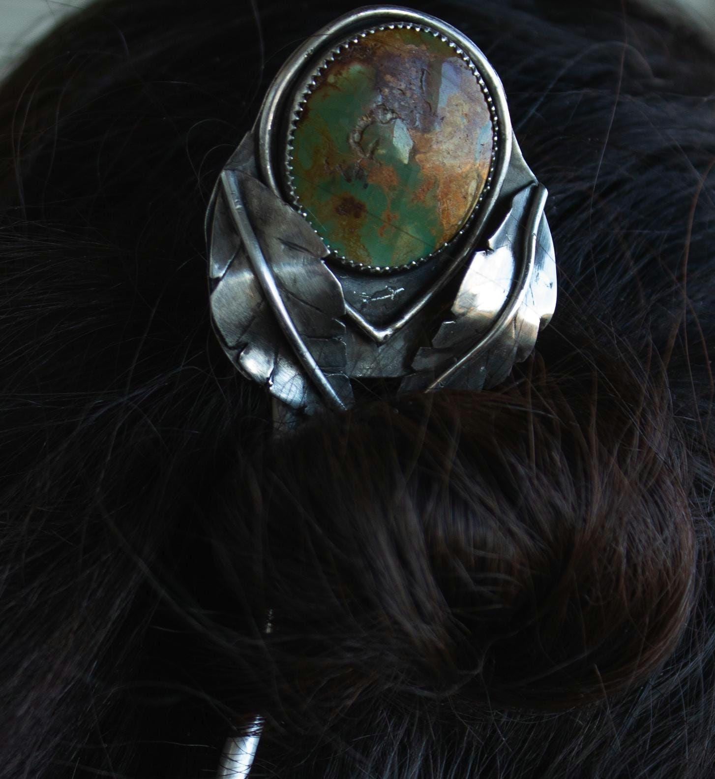 Natural Stone Mountain Turquoise Hair Fork in Sterling  display picture 1