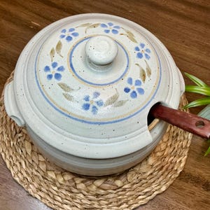 Vintage 1986 Handmade Ceramic Donabe Pot with Lid, Rustic Floral Clay Casserole, Japanese Style Wabi Sabi Kitchen Decor
