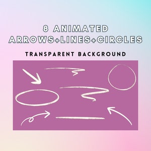 Peut inclure: Huit flèches, lignes et cercles blancs animés sur un fond rose. Le texte "8 ANIMATED ARROWS+LINES+CIRCLES TRANSPARENT BACKGROUND" est en haut de l'image.