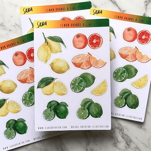 Aquarell Zitronen und Limetten Stickerbogen - glänzende Aufkleber | Bogen mit 9 dekorativen Aufklebern für Laptop, Planer, Hochzeit, Umschläge