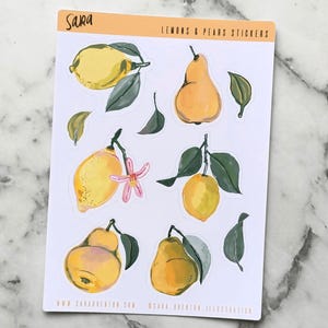 Aquarell Zitronen & Birnen Stickerbogen - glänzende Aufkleber mit 10 dekorativen Abziehbildern für Laptop, Planer, Journaling, Hochzeit, Umschläge
