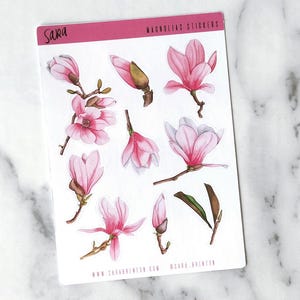 Stickers fleur de magnolia - 9 stickers floraux aquarelles brillants pour journaux, ordinateurs portables, albums, agendas - Stickers d'art floral haut de gamme