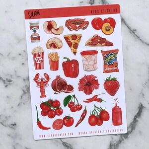 Klein rood stickervel - 24 stickers - stickers met eten/drankthema voor laptops, tijdschriften, planners en meer!
