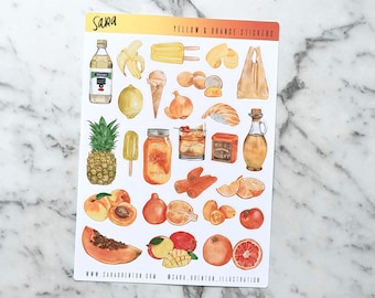 Glossy Yellow & Orange Watercolor Food Stickers (Medium): Planner Stickers (25 pc)