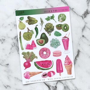 Folha de adesivos pequena verde e rosa brilhante - 23 adesivos - Adesivos com tema de comida/bebida para laptops, diários, agendas e muito mais!