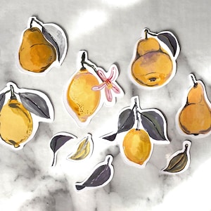 Set di adesivi con limoni e pere acquerellati – Arte dipinta a mano, limoni e pere gialli, adesivi di frutta, perfetti per laptop, diari, regali