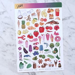 Medium ombre voedsel en objecten aquarel stickers – handgeschilderd, levendige producten voor planners, journaling, ambachten, laptop, bruiloft