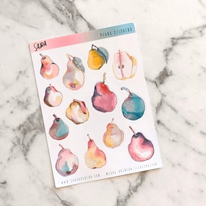 Adesivi lucidi a forma di pera acquerellata – 13 adesivi artistici a forma di frutta per diari, scrapbooking e artigianato – Foglio di adesivi estetici dipinti a mano