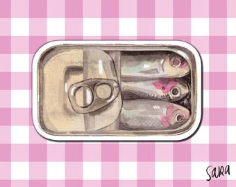 Pegatina de pescado enlatado en acuarela: ilustración de mariscos pintada a mano