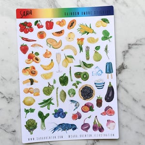 Middelgrote regenboog ombre voedingsmiddelen en objecten aquarel stickers – handgeschilderd, levendige producten voor planner, journaling, ambachten, laptop, bruiloft