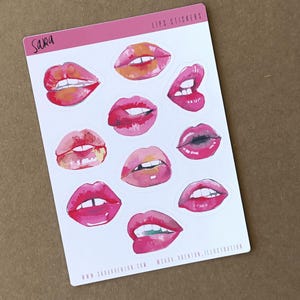 Adesivos de lábios aquarelados brilhantes - 10 folhas de adesivos de arte labial exclusivas para diários, scrapbooking e presentes - batom vermelho e rosa