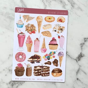 Adesivos de sobremesa brilhantes, pequena folha com 25 adesivos - Coleção Food Lovers, Cupcakes, Milkshakes, Sorvetes, Pacote de aquarela, presente perfeito
