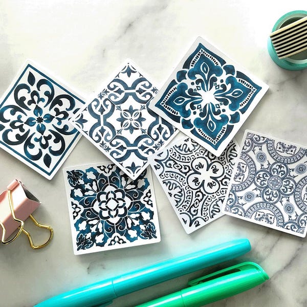 Pegatinas para azulejos azules: Calcomanías de estilo mediterráneo marroquí - Juego de 6