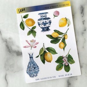 Stickervel aquarel Lemon Dynasty – glanzende stickers | Vel met 9 decoratieve stickers voor laptop, planner, dagboek, bruiloft, enveloppen