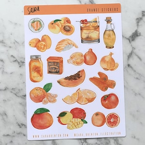 Medium Glossy Orange 01 Sticker Sheet – 18 Food / Drink-Themed Stickers for Laptops, Journals, Planners and More!