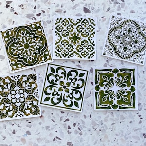 autocollants vintage carreaux olive | Stickers brillants de style marocain méditerranéen | Lot de 6 stickers décoratifs pour ordinateur portable, agenda et journal