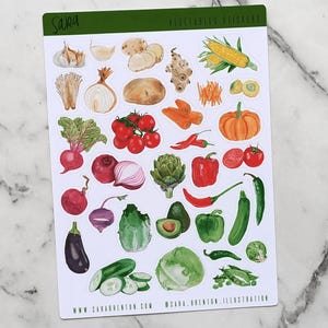 Adesivos pequenos de aquarela de vegetais – Conjunto de produtos vibrantes pintados à mão para planejadores, diários, artesanatos, laptops, diários de receitas
