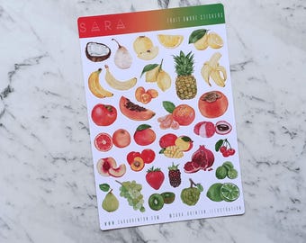 May include: A sheet of fruit and vegetable stickers with a white background. The stickers feature a variety of fruits and vegetables, including bananas, lemons, limes, pineapples, coconuts, pears, papayas, peaches, strawberries, cherries, pomegranates, and more. The stickers are perfect for adding a touch of whimsy to your planner, journal, or laptop.