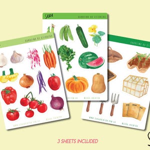 Gardening Sticker Set, 3 sheets of Glossy Fruit Veg Illustrations, Seasonal Stickers, Garden Tools Stickers for Journals, Gifts, Scrapbooks