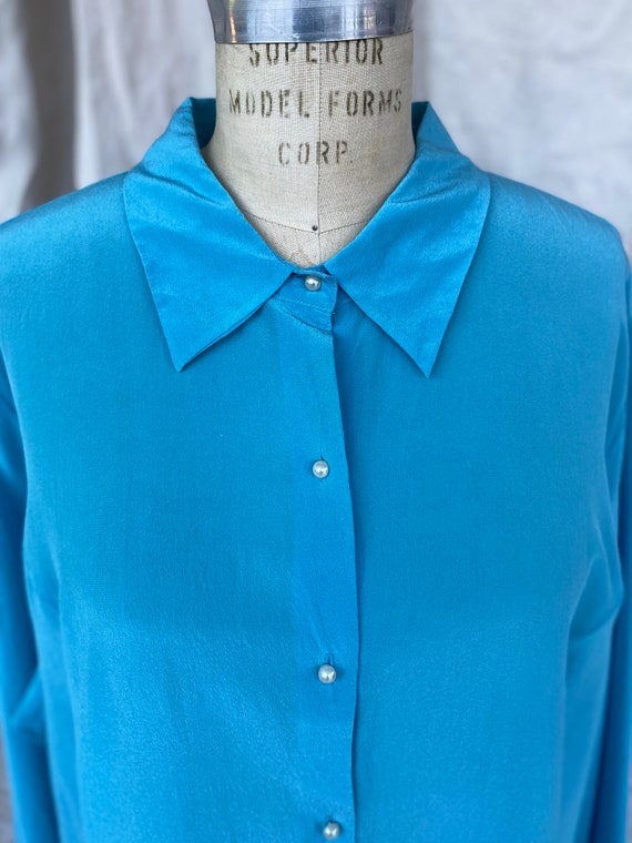 Turquoise Silk Blouse with pearl buttons | Plus s… - image 4